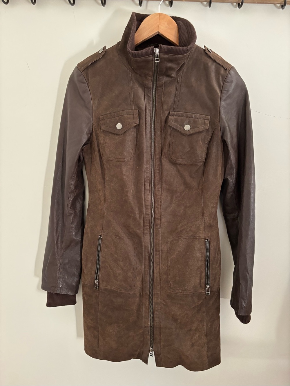 Vintage Danier Leather & Suede Utility Coat Jacket Brown Women’s XXS
